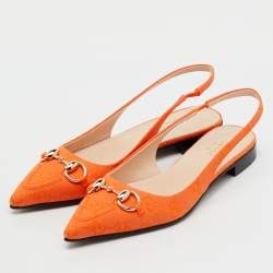 Pre Owned Gucci Orange GG Canvas Horsebit Slingback Flats Size 36.5