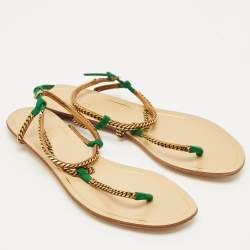 Pre Owned Gucci Two Tone Metal Chain and Suede Thong Slingbak Sandals Size 37.5