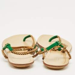 Pre Owned Gucci Two Tone Metal Chain and Suede Thong Slingbak Sandals Size 37.5
