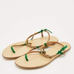 Pre Owned Gucci Two Tone Metal Chain and Suede Thong Slingbak Sandals Size 37.5