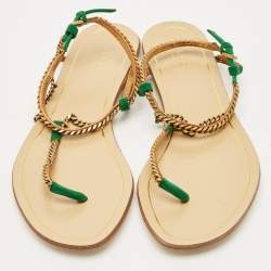 Pre Owned Gucci Two Tone Metal Chain and Suede Thong Slingbak Sandals Size 37.5