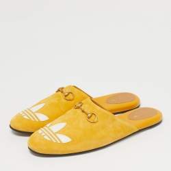 Pre Owned Gucci x Adidas Yellow Suede Trefoil Slippers Size 42