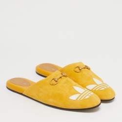 Pre Owned Gucci x Adidas Yellow Suede Trefoil Slippers Size 42