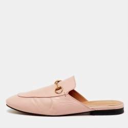 Pre Owned Gucci Light Pink Leather Princetown Horsebit Flat Mules Size 40