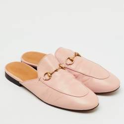 Pre Owned Gucci Light Pink Leather Princetown Horsebit Flat Mules Size 40