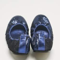 Pre Owned Gucci Metallic Blue Leather and Sequins Embellish Scrunch Ballet Flats Size 39