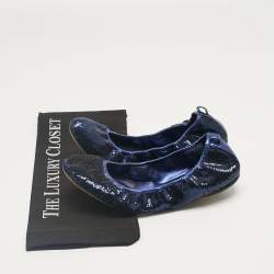 Pre Owned Gucci Metallic Blue Leather and Sequins Embellish Scrunch Ballet Flats Size 39