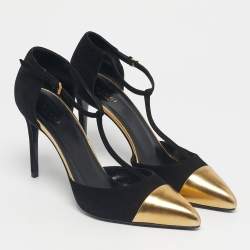 Pre Owned Gucci Black/Gold Leather and Suede Coline T-Strap Pumps Size 39
