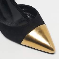 Pre Owned Gucci Black/Gold Leather and Suede Coline T-Strap Pumps Size 39