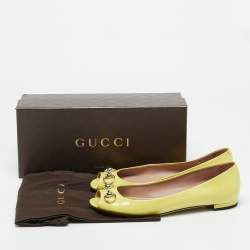 Pre Owned Gucci Neon Yellow Patent Leather Horsebit Peep Toe Ballet Flats Size 39