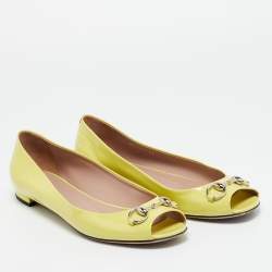 Pre Owned Gucci Neon Yellow Patent Leather Horsebit Peep Toe Ballet Flats Size 39