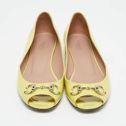 Pre Owned Gucci Neon Yellow Patent Leather Horsebit Peep Toe Ballet Flats Size 39