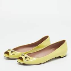 Pre Owned Gucci Neon Yellow Patent Leather Horsebit Peep Toe Ballet Flats Size 39
