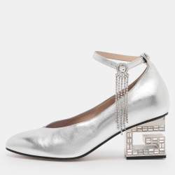 Pre Owned Gucci Silver Metalic Leather Crystal Square G Ankle Strap Pumps Size 38.5