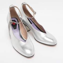 Pre Owned Gucci Silver Metalic Leather Crystal Square G Ankle Strap Pumps Size 38.5