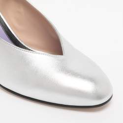 Pre Owned Gucci Silver Metalic Leather Crystal Square G Ankle Strap Pumps Size 38.5