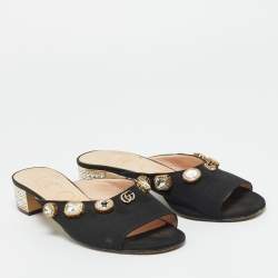 Pre Owned Gucci Black Fabric Crystal Embellished Slide Open Toe Mules Size 39