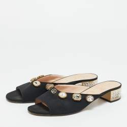Pre Owned Gucci Black Fabric Crystal Embellished Slide Open Toe Mules Size 39