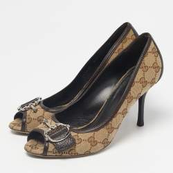 Pre Owned Gucci Beige/Brown Guccissima Canvas Peep Toe Pumps Size 38