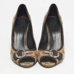 Pre Owned Gucci Beige/Brown Guccissima Canvas Peep Toe Pumps Size 38