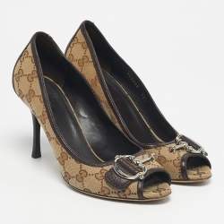 Pre Owned Gucci Beige/Brown Guccissima Canvas Peep Toe Pumps Size 38