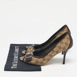 Pre Owned Gucci Beige/Brown Guccissima Canvas Peep Toe Pumps Size 38