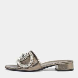 Pre Owned Gucci Metallic Leather Maxime Slide Sandals Size 38.5