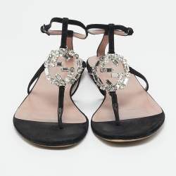 Pre Owned Gucci Black Suede GG Interlocking Crystal Embellished Ankle Strap Flat Sandals Size 39