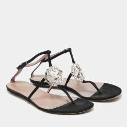 Pre Owned Gucci Black Suede GG Interlocking Crystal Embellished Ankle Strap Flat Sandals Size 39