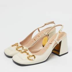 Pre Owned Gucci Cream Leather Horsebit Platform Slingback Pumps Size 39