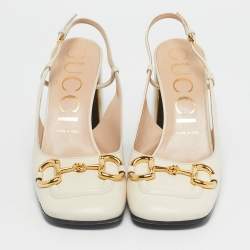 Pre Owned Gucci Cream Leather Horsebit Platform Slingback Pumps Size 39