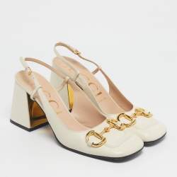 Pre Owned Gucci Cream Leather Horsebit Platform Slingback Pumps Size 39