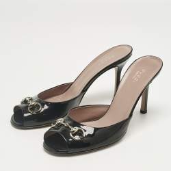 Pre Owned Gucci Black Patent Leather  Horsebit Slide Sandals Size 39