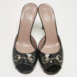 Pre Owned Gucci Black Patent Leather  Horsebit Slide Sandals Size 39