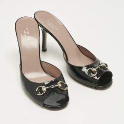 Pre Owned Gucci Black Patent Leather  Horsebit Slide Sandals Size 39