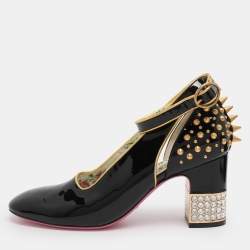 Pre Owned Gucci Black Patent Leather Crystal Spike Ankle Strap Pumps Size 38
