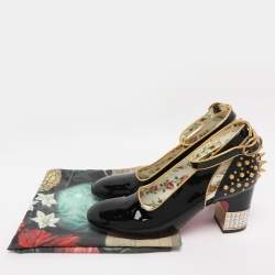 Pre Owned Gucci Black Patent Leather Crystal Spike Ankle Strap Pumps Size 38