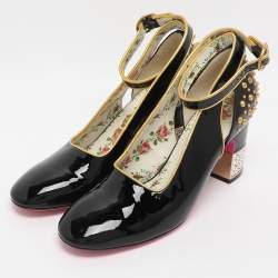 Pre Owned Gucci Black Patent Leather Crystal Spike Ankle Strap Pumps Size 38