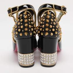 Pre Owned Gucci Black Patent Leather Crystal Spike Ankle Strap Pumps Size 38