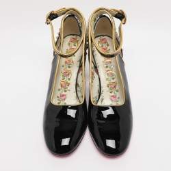 Pre Owned Gucci Black Patent Leather Crystal Spike Ankle Strap Pumps Size 38