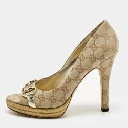 Pre Owned Gucci Beige Guccissima Canvas Horsebit Peep Toe Platform Pumps Size 40