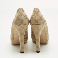 Pre Owned Gucci Beige Guccissima Canvas Horsebit Peep Toe Platform Pumps Size 40