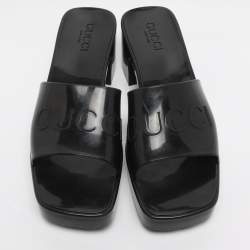 Pre Owned Gucci Black Rubber Embossed Logo Block Heel Slide Sandals Size 39