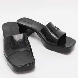 Pre Owned Gucci Black Rubber Embossed Logo Block Heel Slide Sandals Size 39