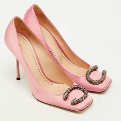 Pre Owned Gucci Light Pink Satin Dionysus Buckle Square Toe Pumps Size 40