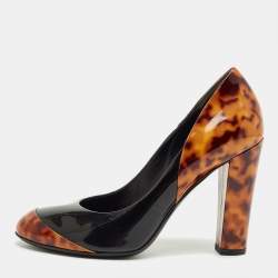 Pre Owned Gucci Brown/Black Patent Leather Block Heel Pumps Size 36