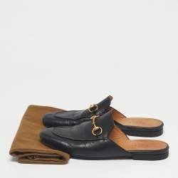 Pre Owned Gucci Black Leather Princetown Horsebit Flat Mules Size 36