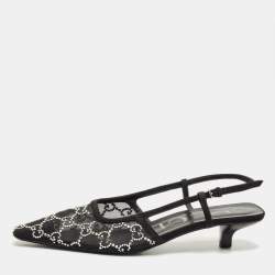 Pre Owned Gucci Black Suede and Mesh Crystal Embellished Slingback Pumps Size 37
