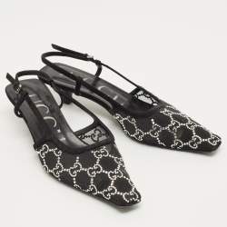 Pre Owned Gucci Black Suede and Mesh Crystal Embellished Slingback Pumps Size 37