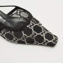 Pre Owned Gucci Black Suede and Mesh Crystal Embellished Slingback Pumps Size 37